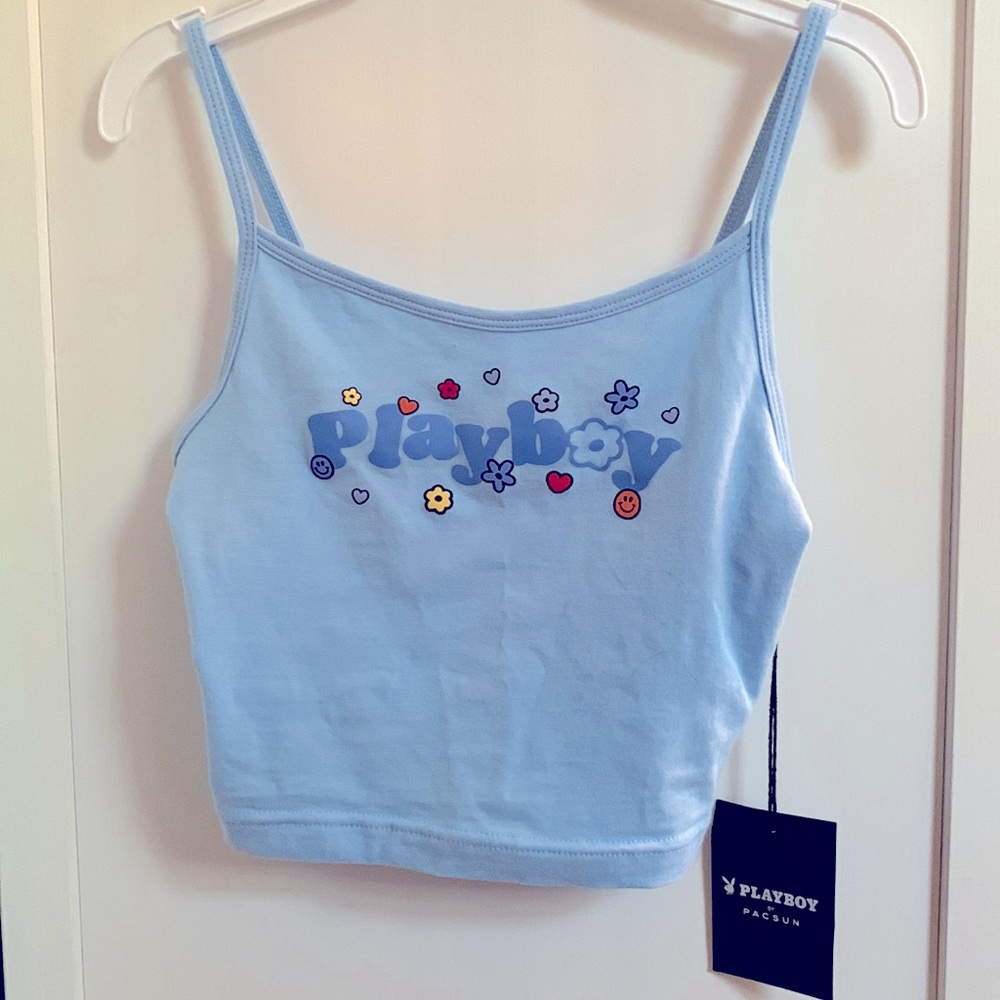Playboy blue multicolored flowers and smiles crop top